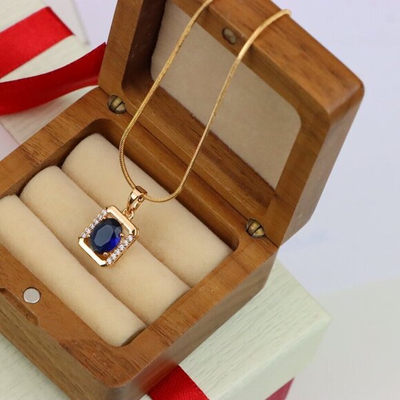 "Rose Gold Rectangle Pendant with Blue Stone and Crystal Accents, XPPT1276 - Picture 10 of 13